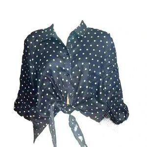 Chico’s Button Up Hi Low Top in Navy Blue with white Polka Dots